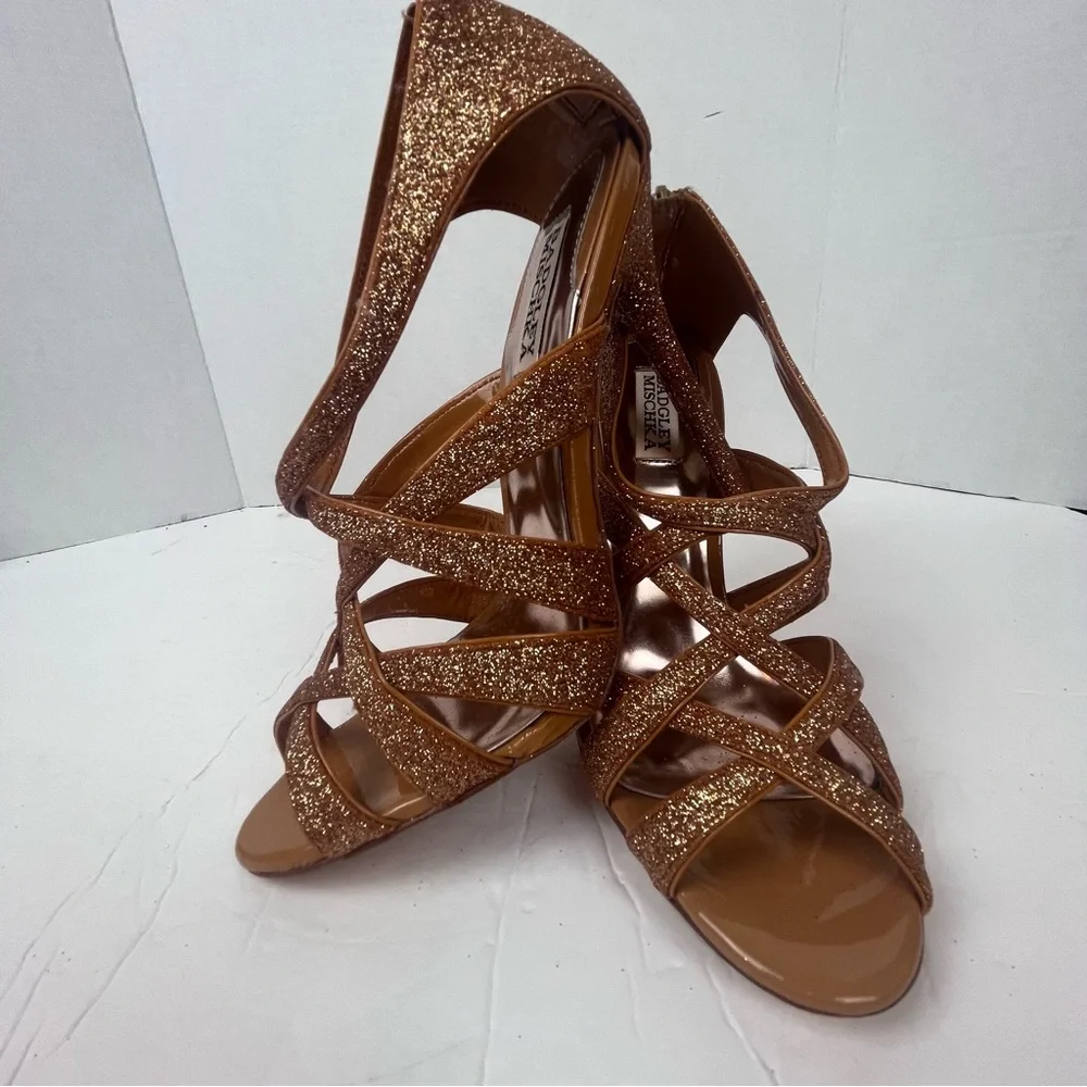Badgley Mischka Junebug rose gold glitter sandal strappy heel Women’s 9 - Picture 2 of 13